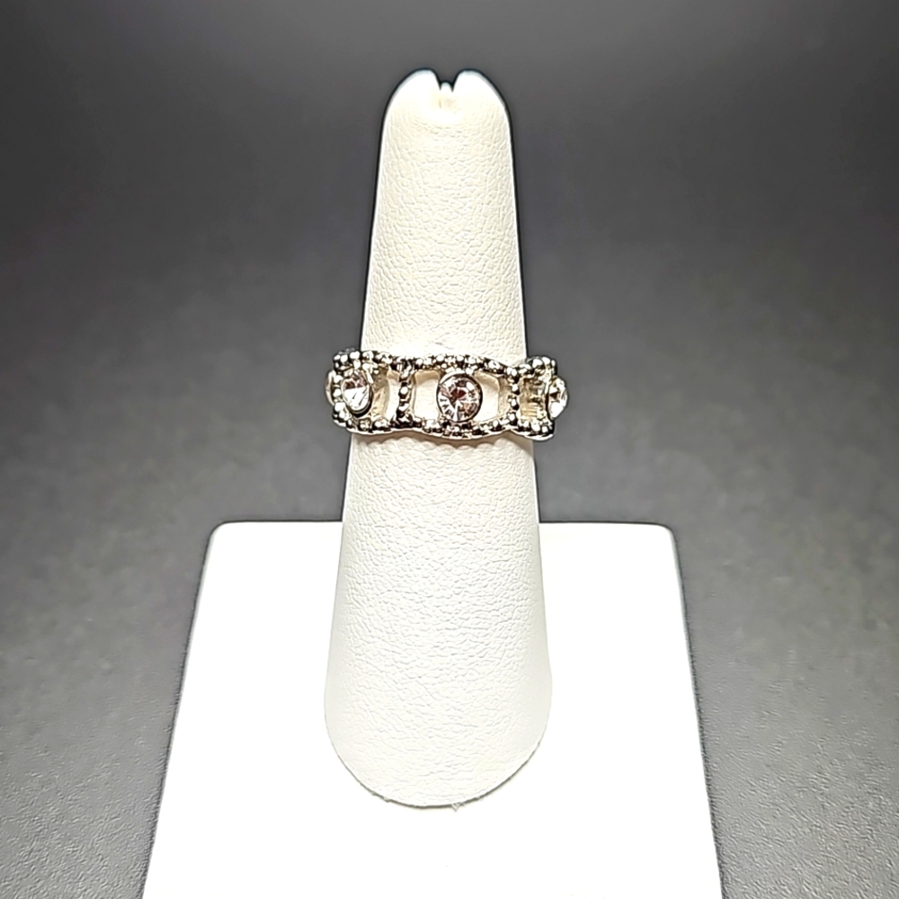 Vintage 925 Sterling Silver Bezel Set Clear CZ Chain Link Statement Ring Sz 7